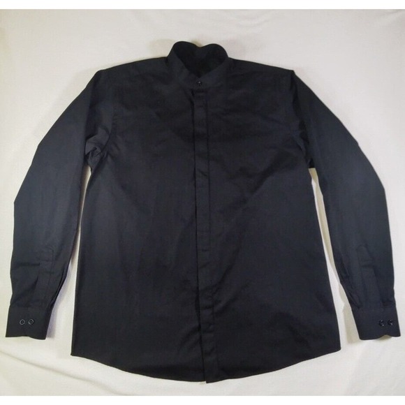 Black Button Up Round Neck No Collar Long Sleeve Shirt Mens African Style Shirt - Picture 1 of 6